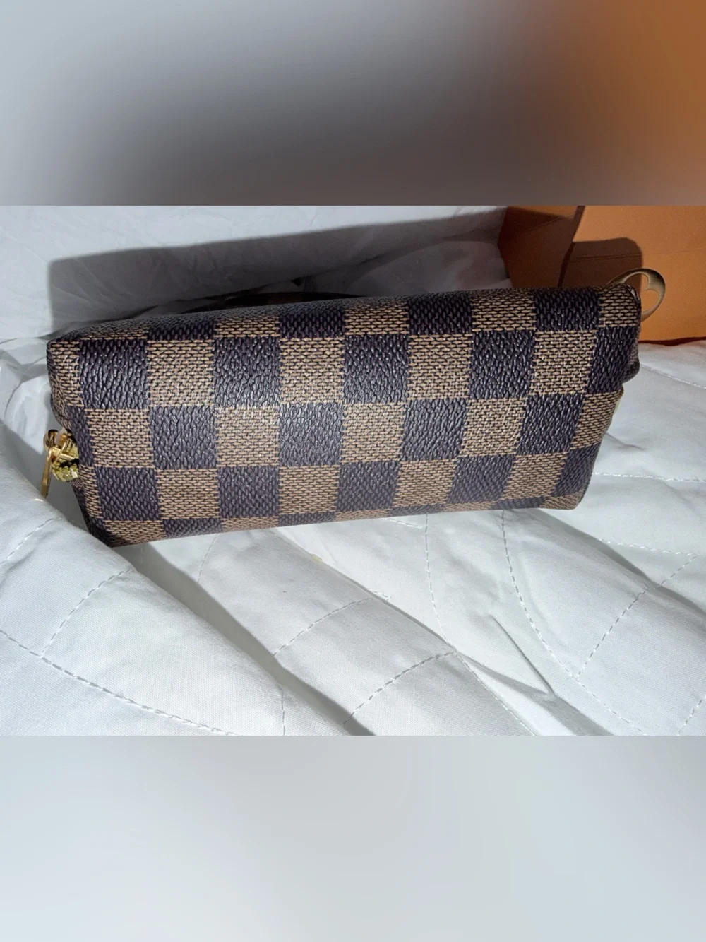 Designer-Inspired Brown Check Cosmetic Pouch with Gold Zipper